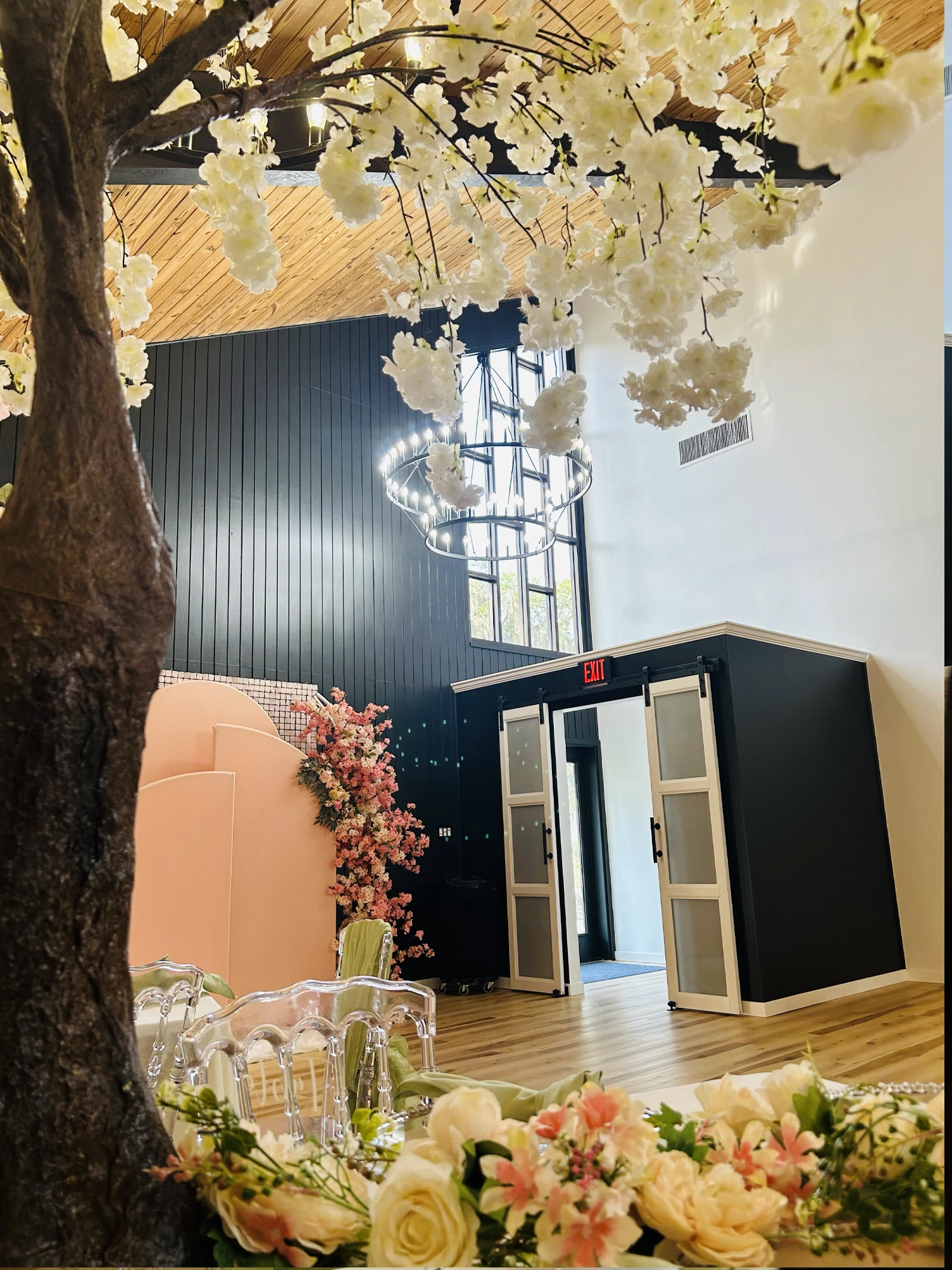 Quinceañera reception hall pink green decor theme