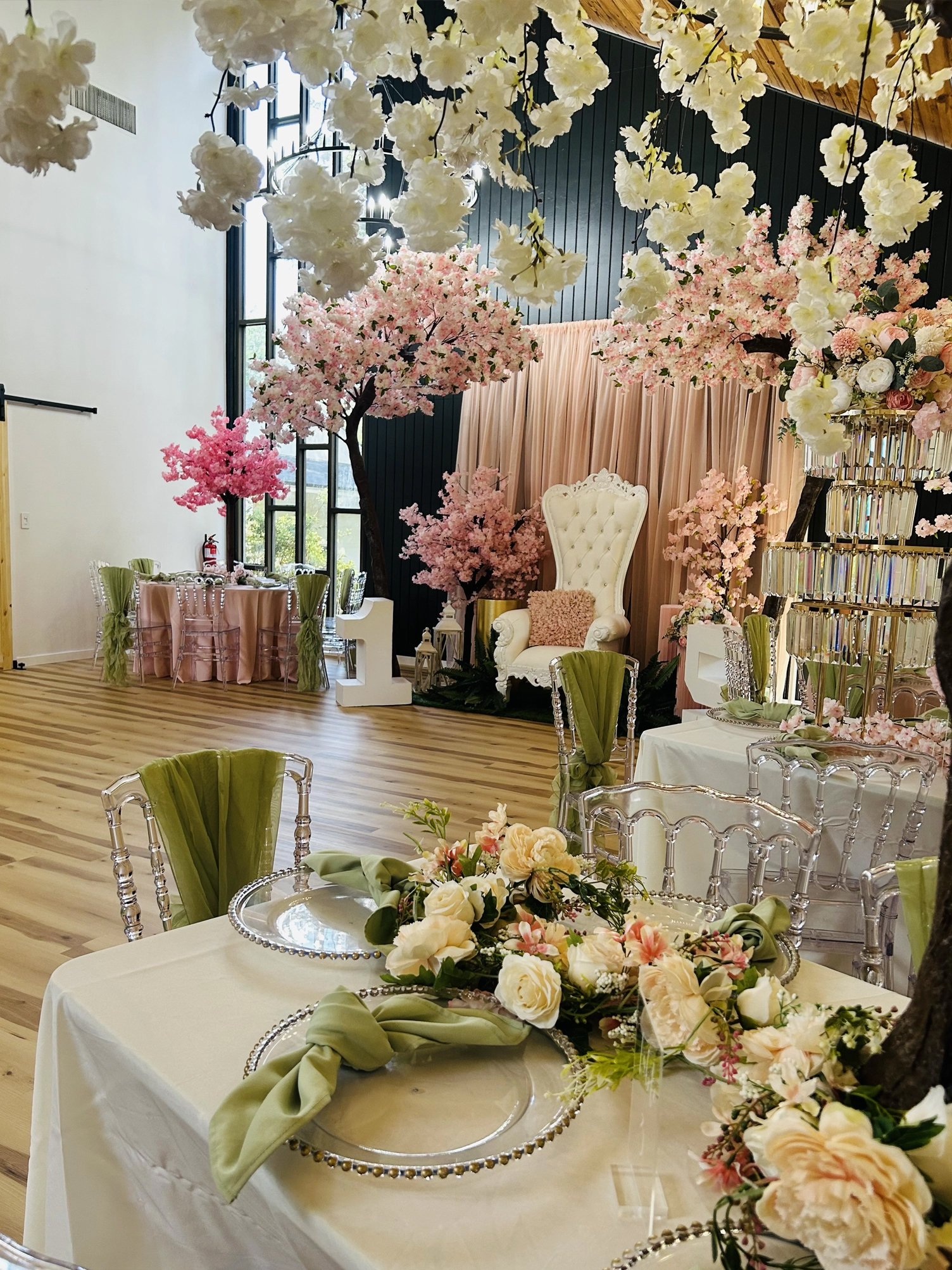 Pink green quinceañera celebration space design