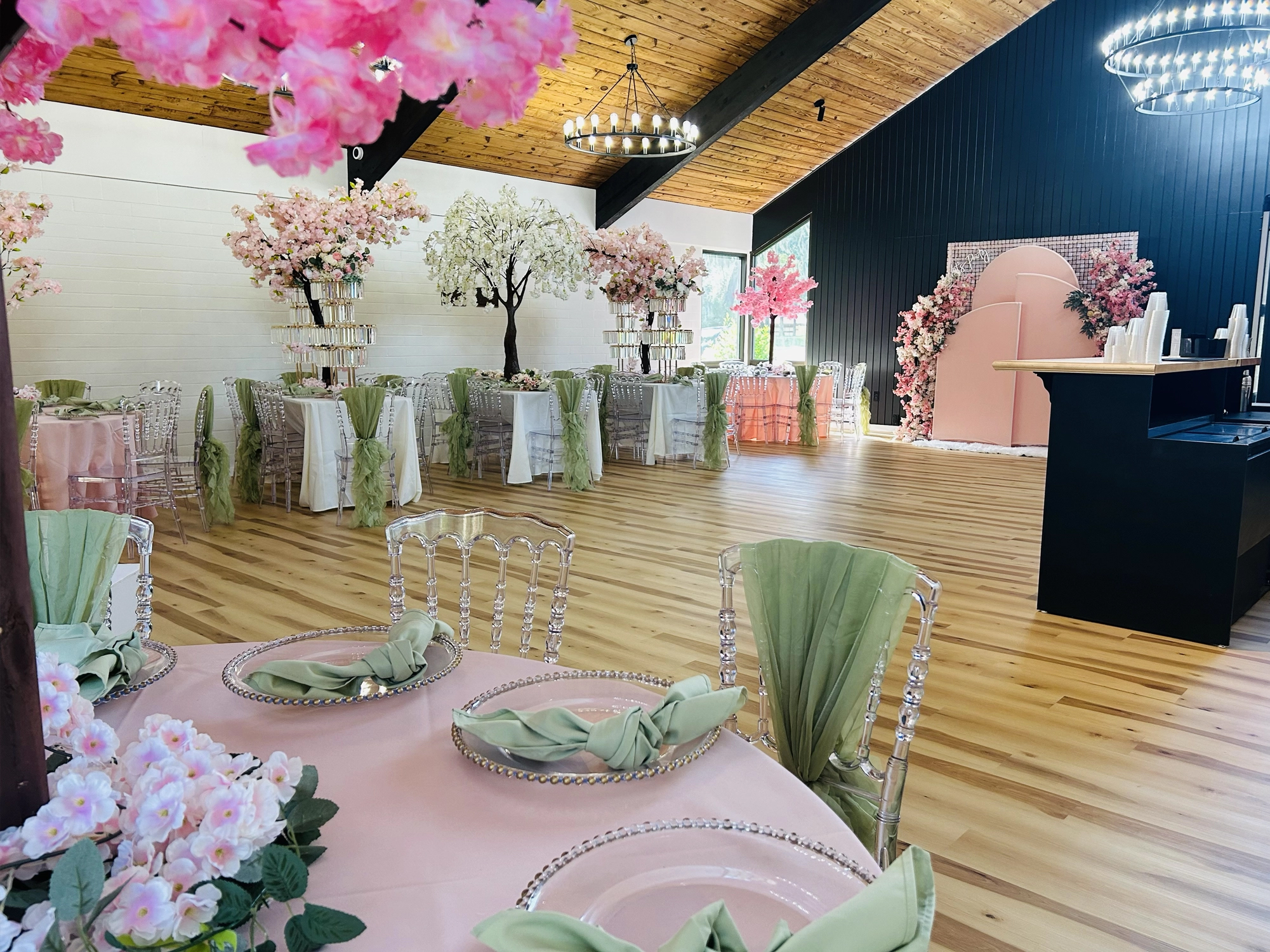 Pink green quinceañera dance floor setup Jacksonville